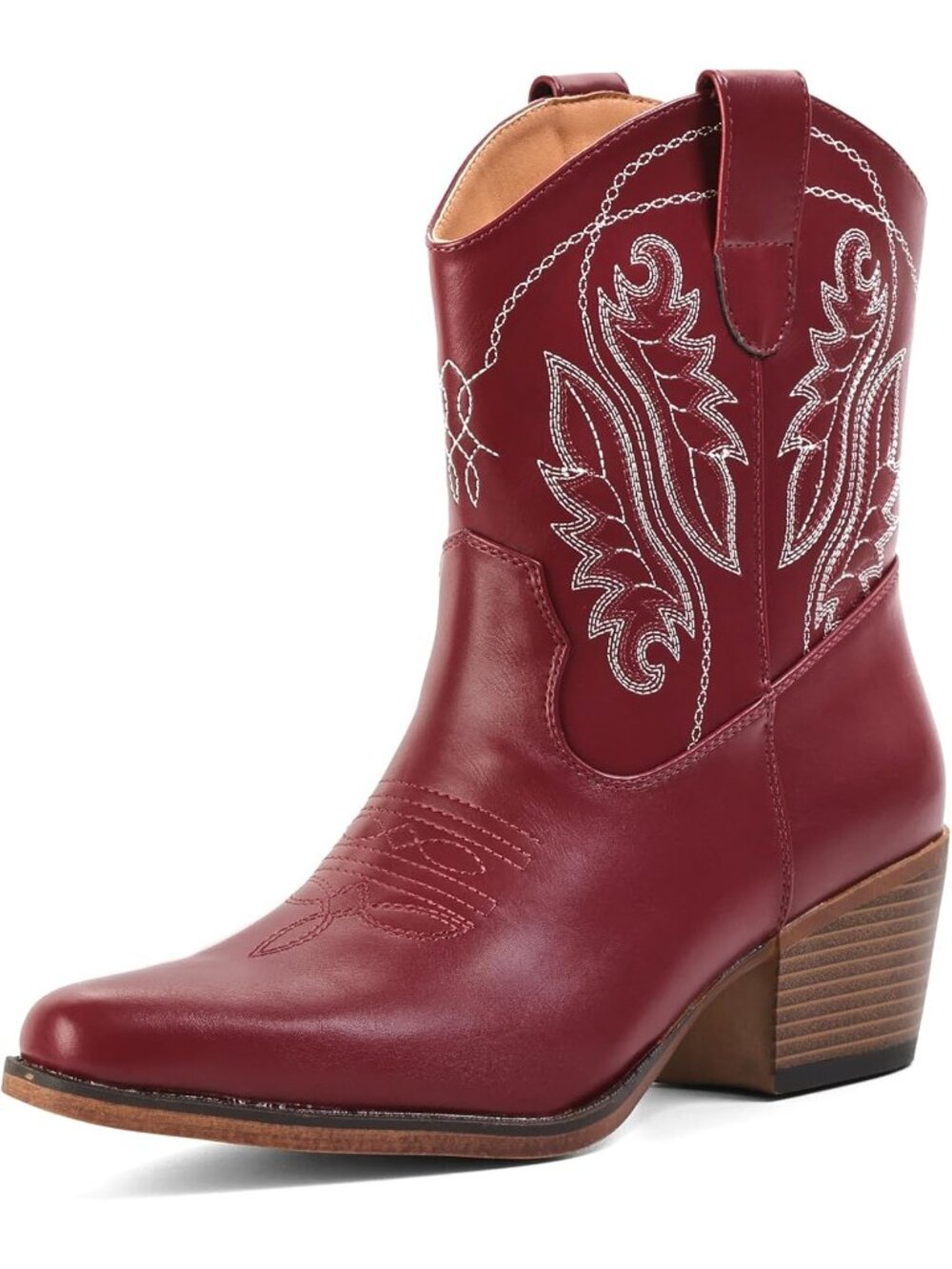 Women's Red Snip Toe Embroidered Mid Calf Faux Leather Ankle Booties